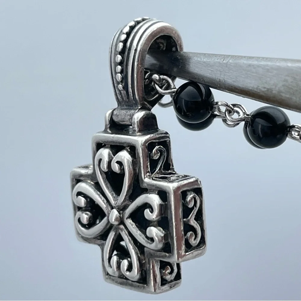 Victorian Gothic Revival 925 Silver Cross Necklace – Black Onyx Beaded Chain